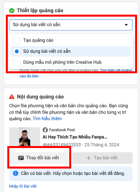 chọn thiết lập quảng cáo