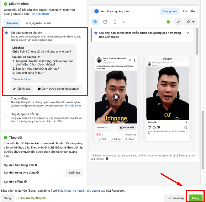 chọn mẫu tín nhắn trả lời tự động 