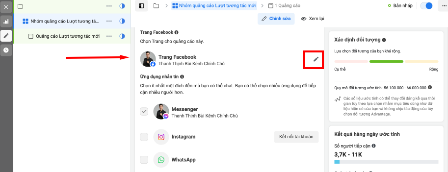 chọn fanpage chạy quảng cáo facebook reel