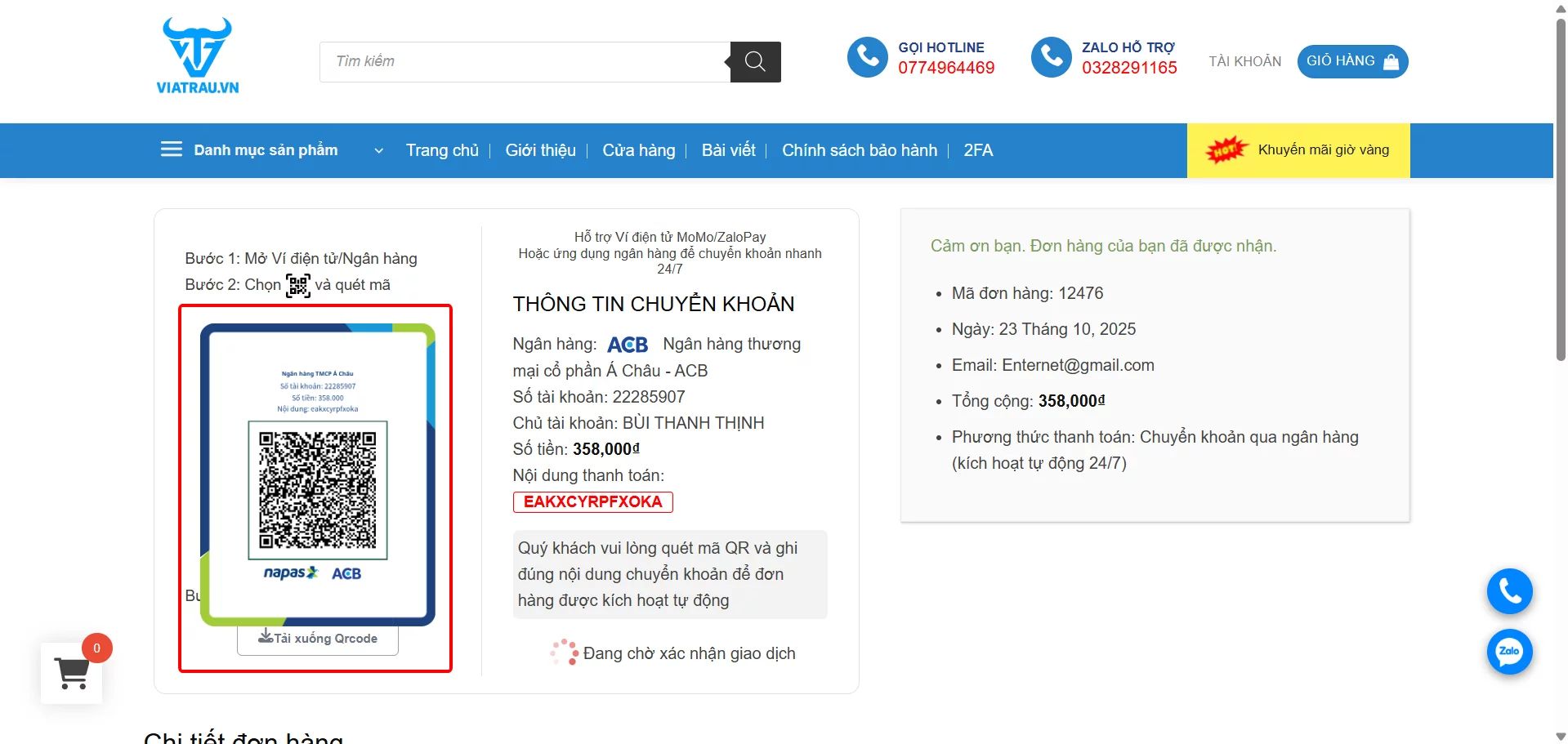 Thực hiện thanh toán đơn hàng