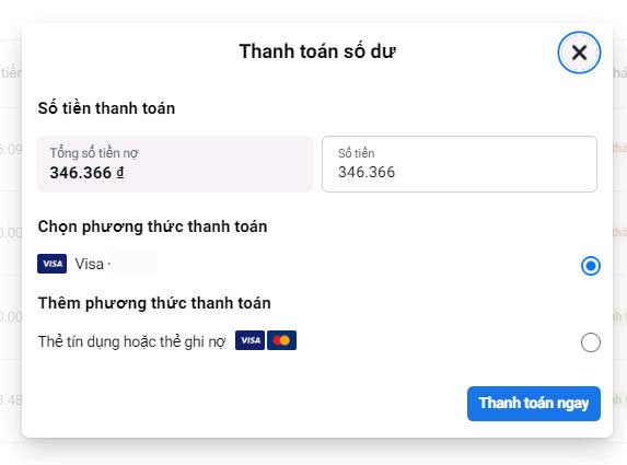 Xác nhận thanh toán tiền nợ quảng cáo Facebook
