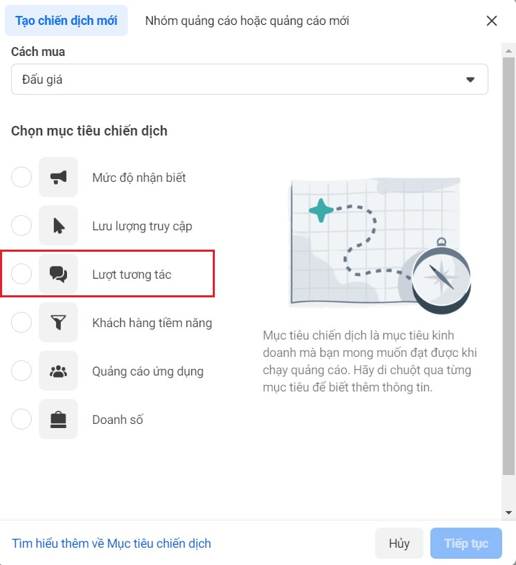 chọn tương tác chạy quảng cáo facebook reels