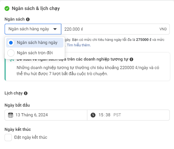 Thiết lập ngân sách và lịch chạy quảng cáo Facebook