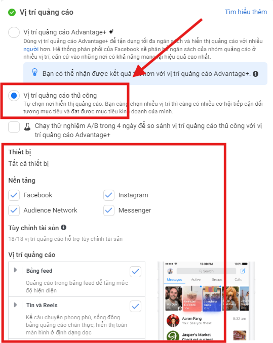 Chọn vị trí hiển thị quảng cáo Facebook