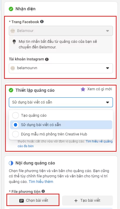 Chọn bài viết có sẵn để chạy quảng cáo Facebook